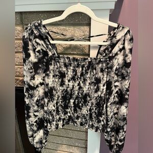 GOOD LUCK GEM Smocked Long Sleeve Marbled Black Gray White Top Women's S…